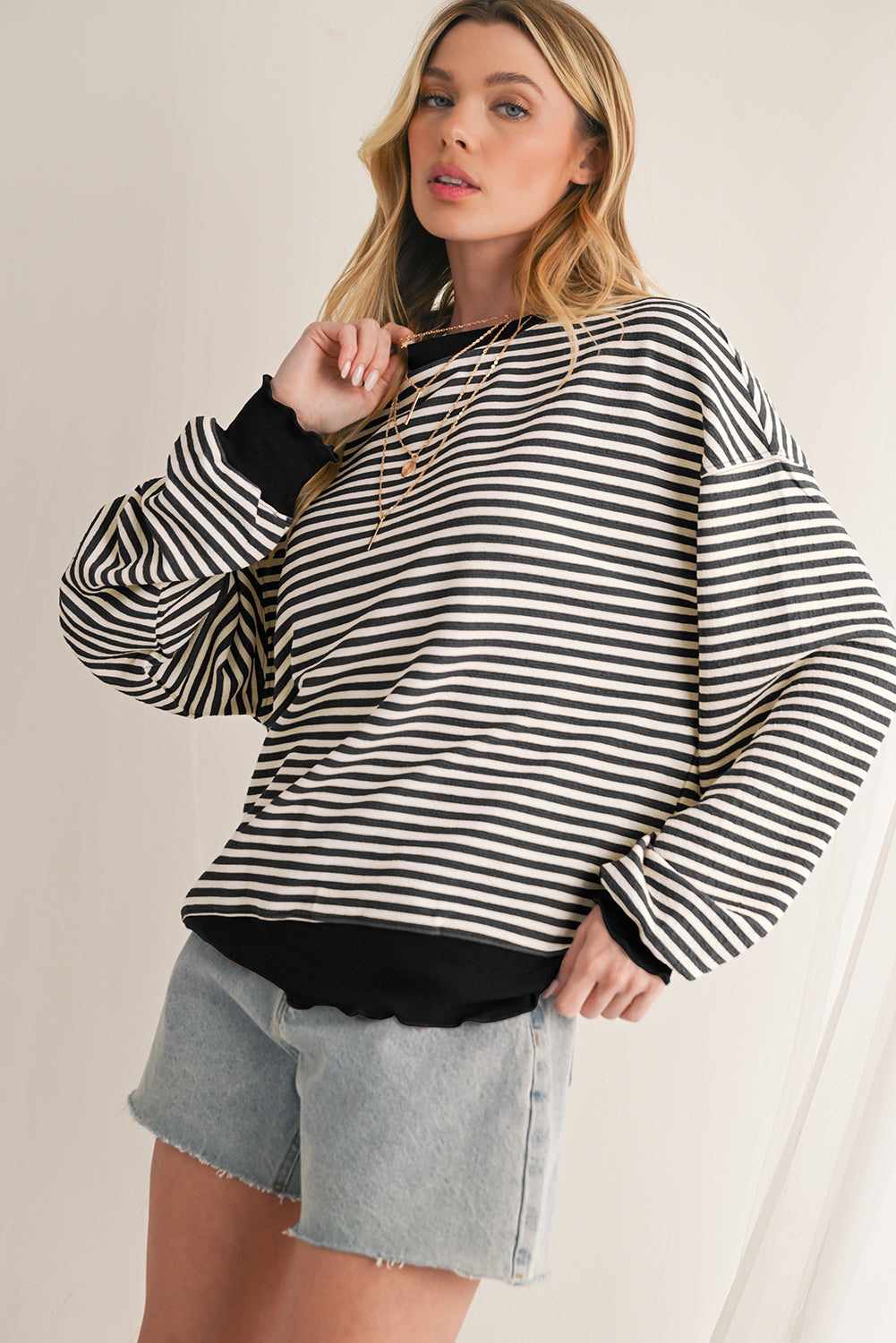 Black Stripe Drop Shoulder Long Sleeve Top