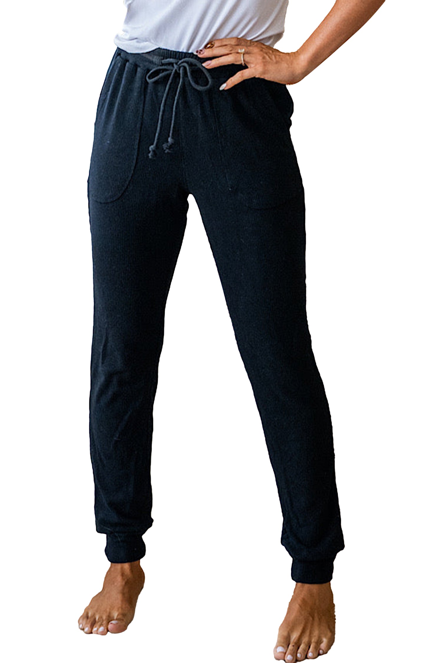 Pantalon de jogging actif noir côtelé à cordon de serrage