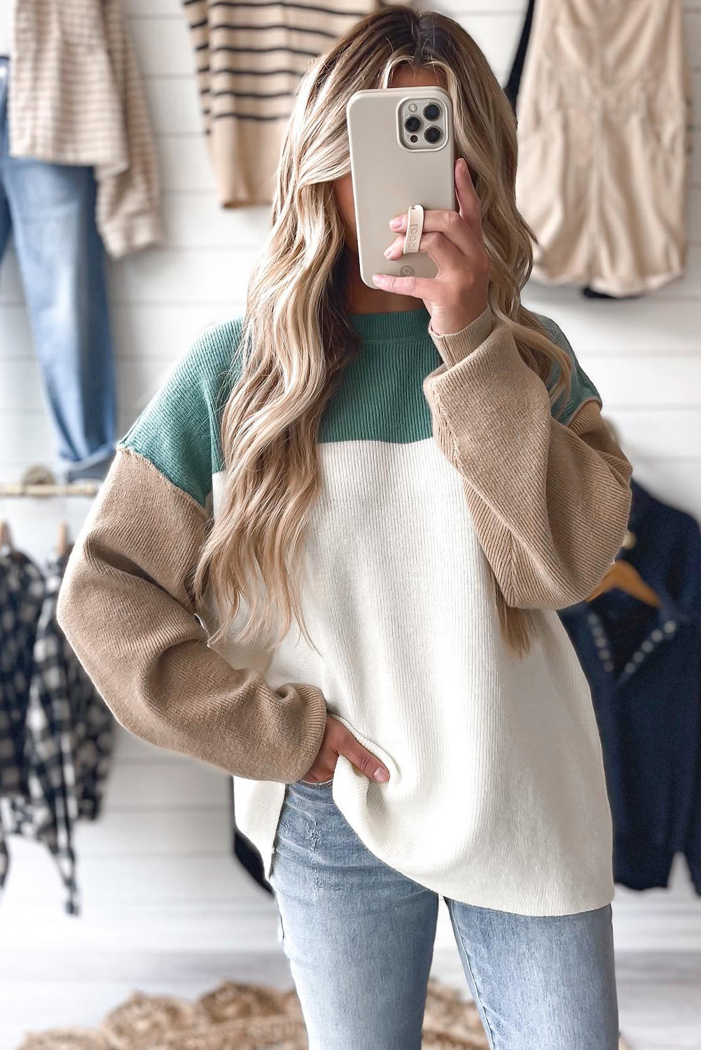Green Colorblock Ribbed Knit Baggy Sweater