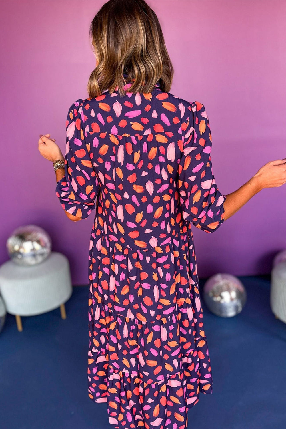 Purple Floral Print Collared Tiered Flowy Long Dress