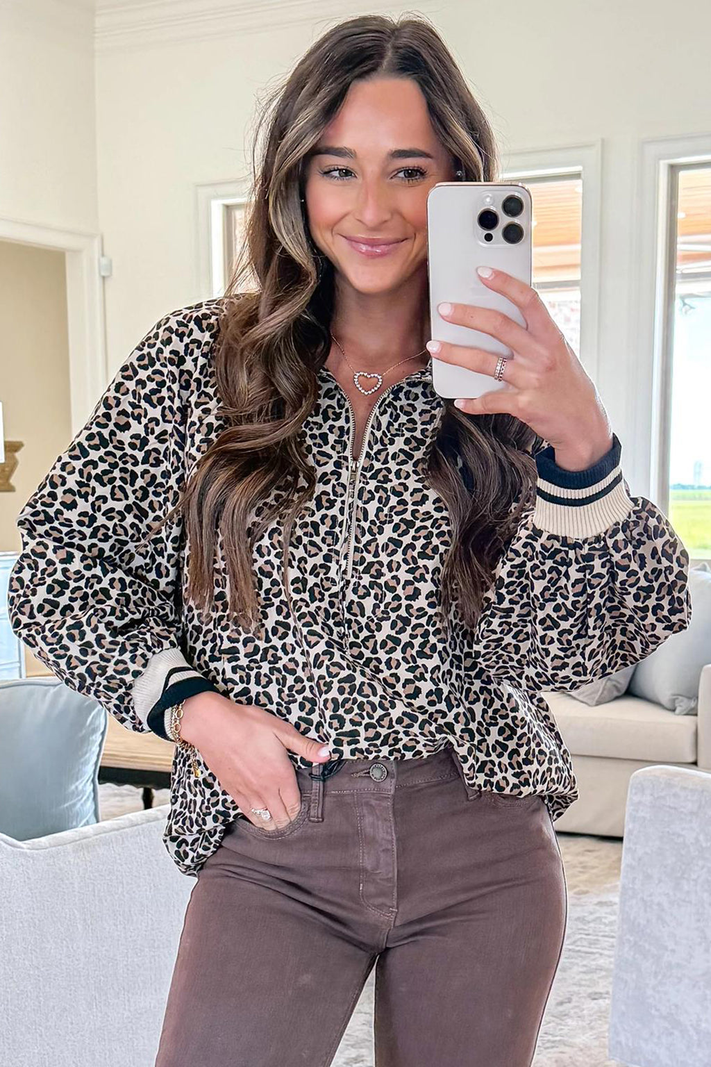 Khaki Leopard Print Half Zip up Blouse