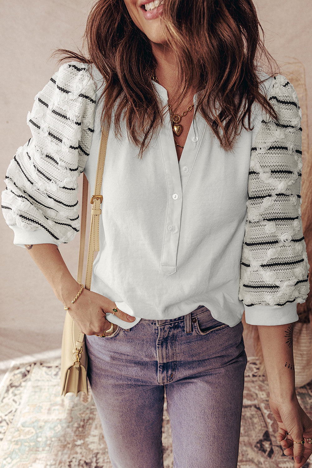 White Button Placket 3/4 Striped Sleeve Patchwork Rib Knit Top