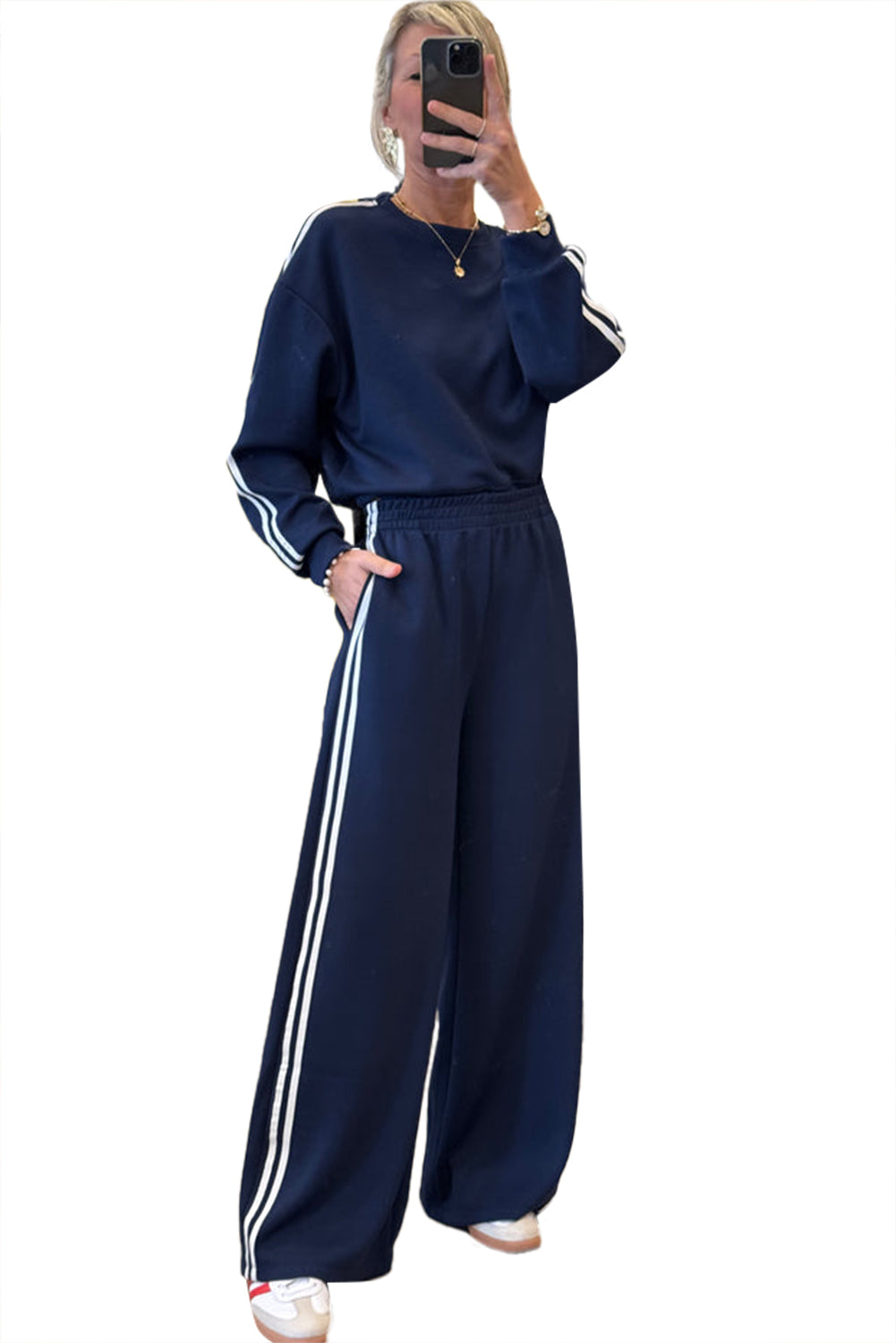 Oatmeal Varsity Striped Detail Cropped Pullover Wide Leg Pants 2pcs Outfit