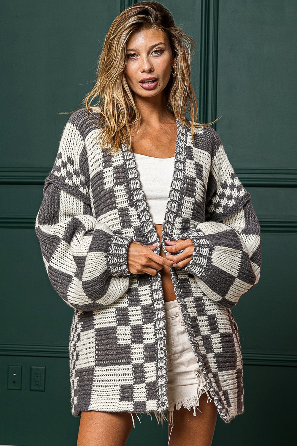 Multicolor Plaid Open Front Knitted Cardigan