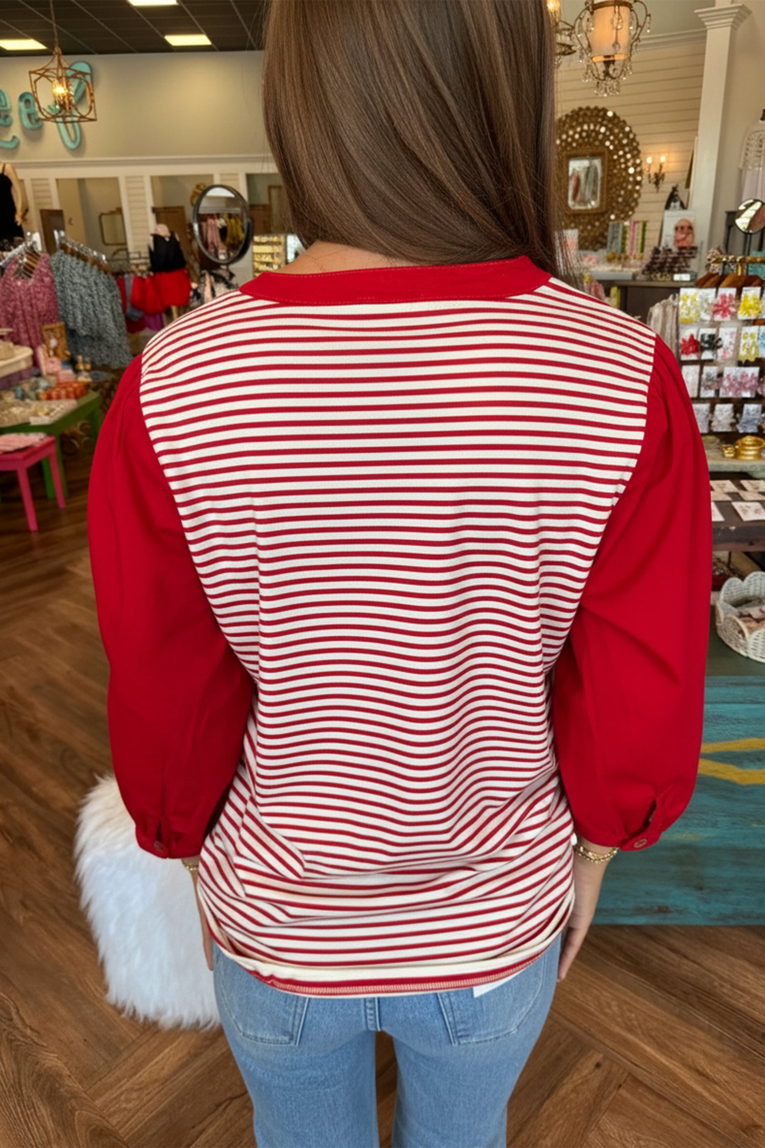 Red Stripe Half Placket V Neck Contrast 3/4 Sleeve Patchwork Top