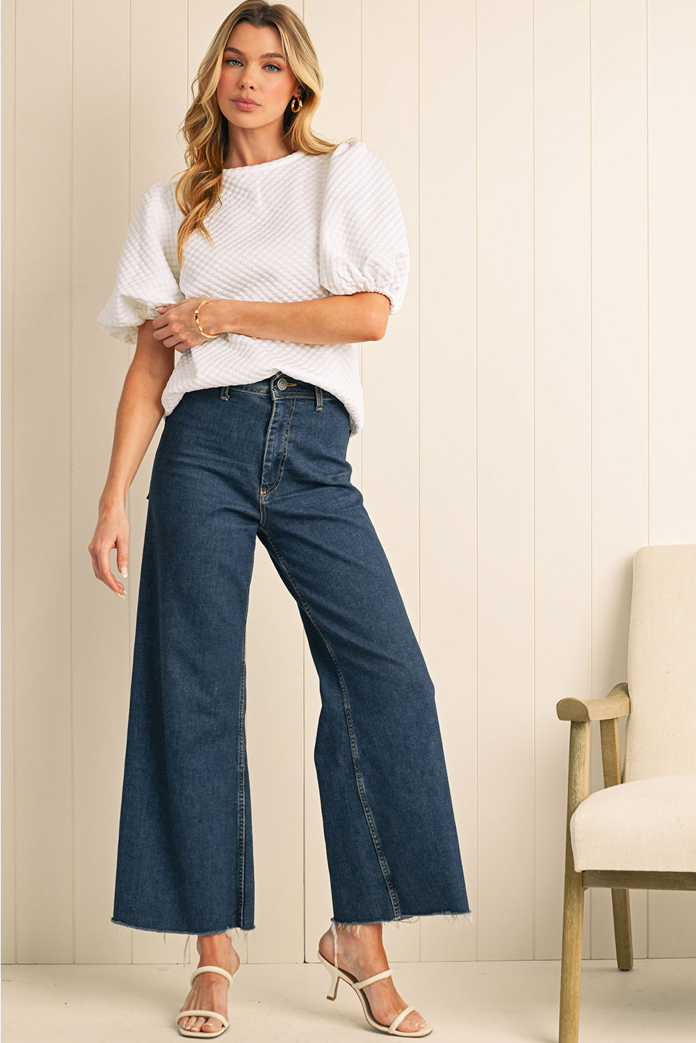 Chemisier à manches bouffantes et col rond texturé uni Phalaenopsis