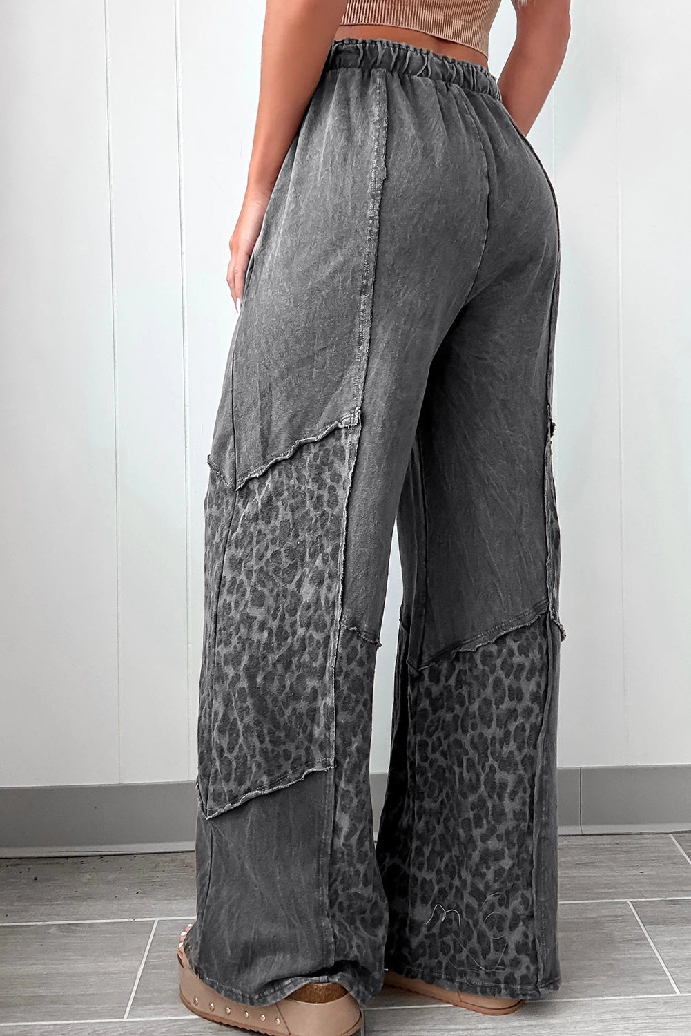 Dark Grey Mineral Wash Leopard Patchwork Loose Pants