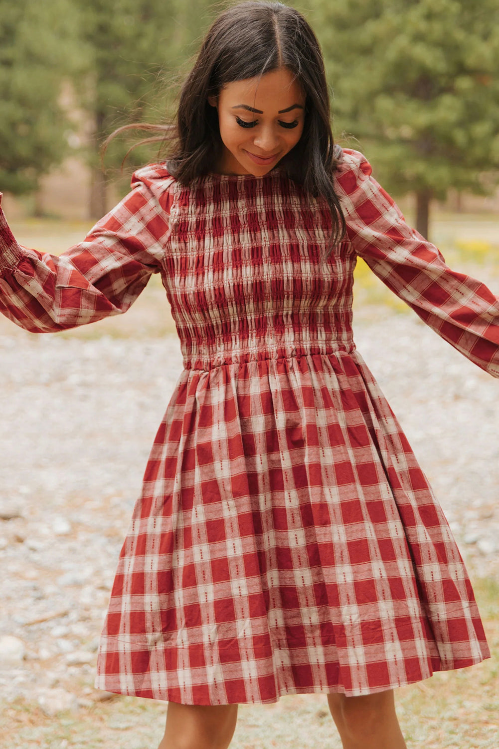 Red Plaid Print Smocked Puff Sleeve Mini Dress