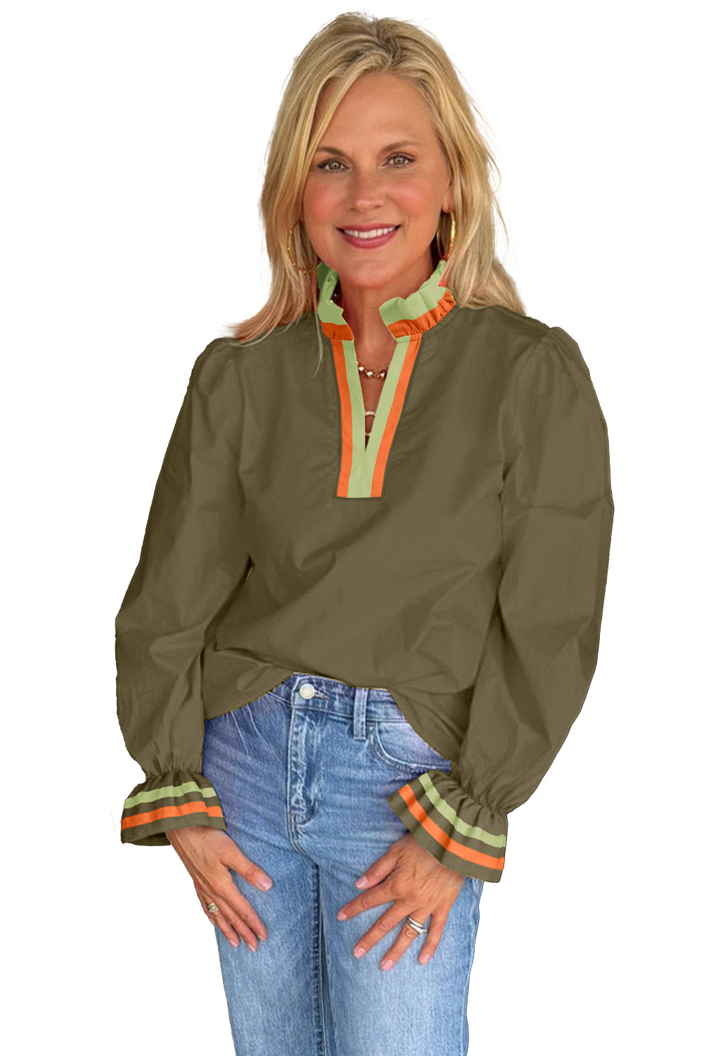 Four Leaf Clover Striped Trim Ruffle Split Neck Long Sleeve Blouse