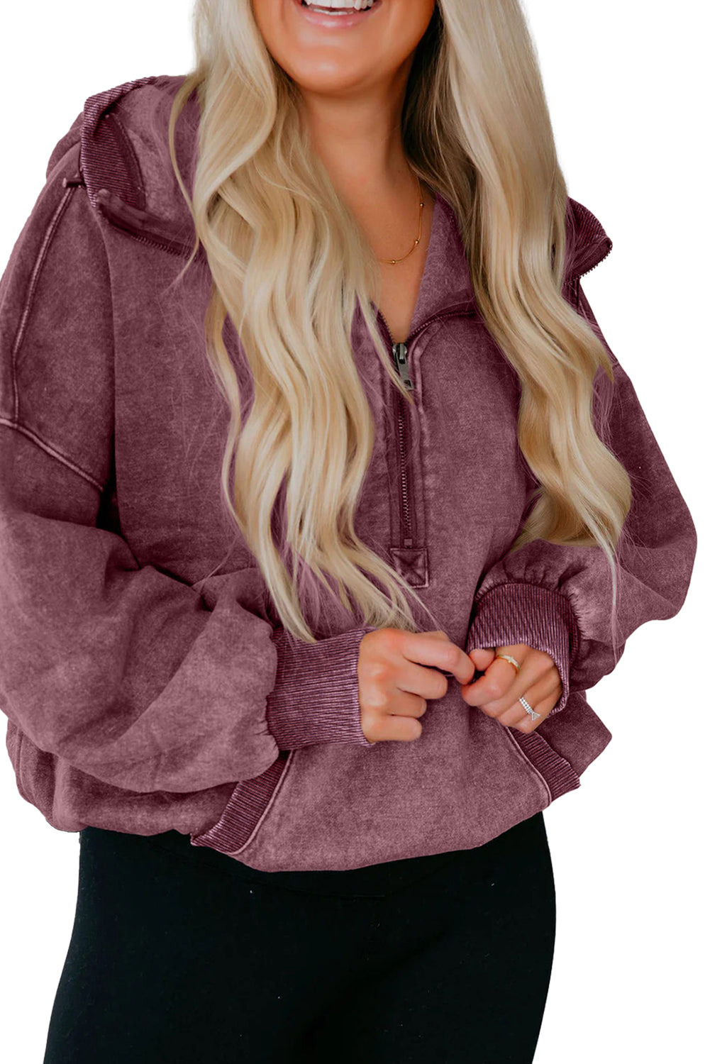 Wild Ginger  Half Zip Kangaroo Pocket Mineral Wash Baggy Hoodie