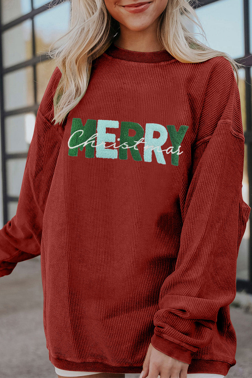 Strawberry Pink MERRY Christmas Terry Flocking Corded Graphic Sweatshirt