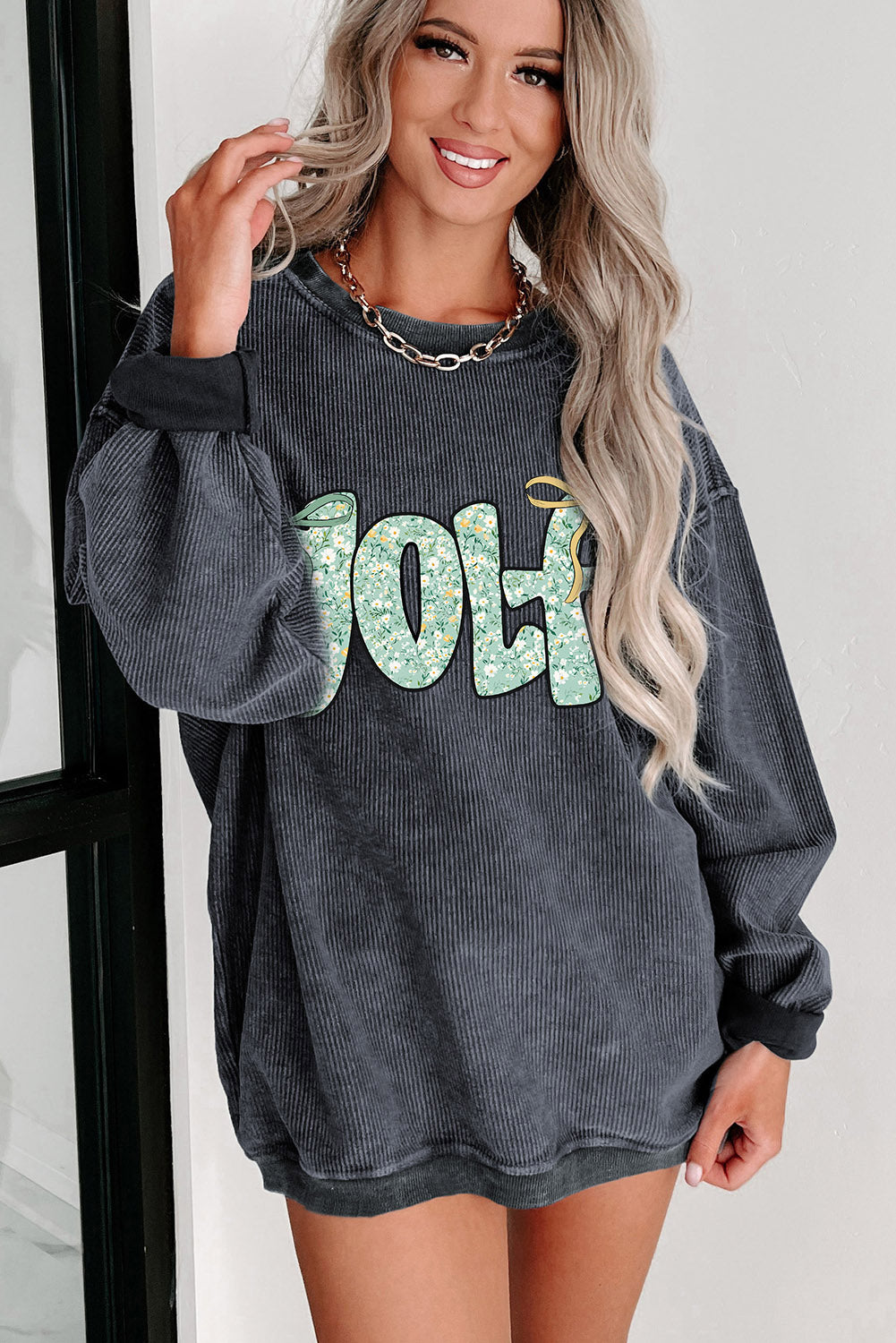 Gray Twisted Ribbed Floral GOLF Letter Bow Printed Sweatshirt