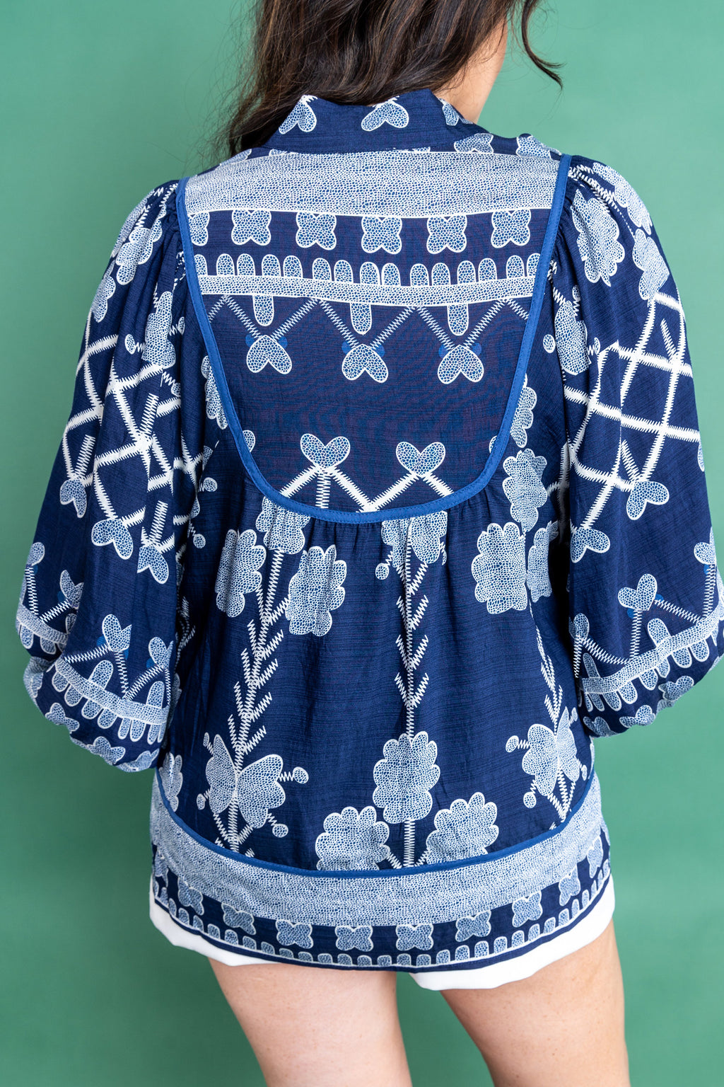 Blue Plus Size Floral Printed Notched Neck Long Sleeve Blouse