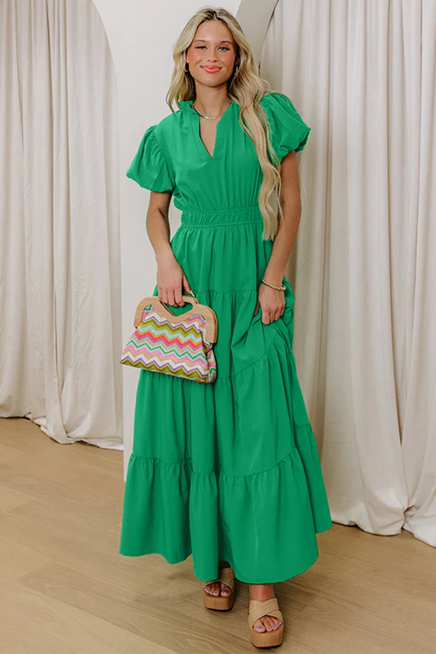Bright Green Solid Color V Neck Short Puff Sleeve High Waist Tiered Maxi Dress