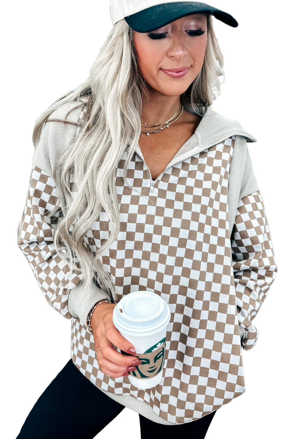 Khaki Checkered Print Quarter Zip Ribbed Patchwork Loose Sweatshirt