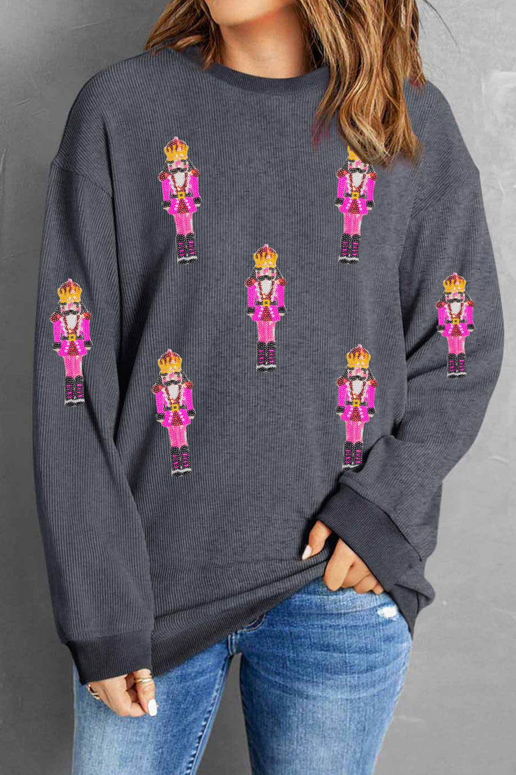 Gray Nutcracker Men Sequin Patterned Corded Sweatshirt