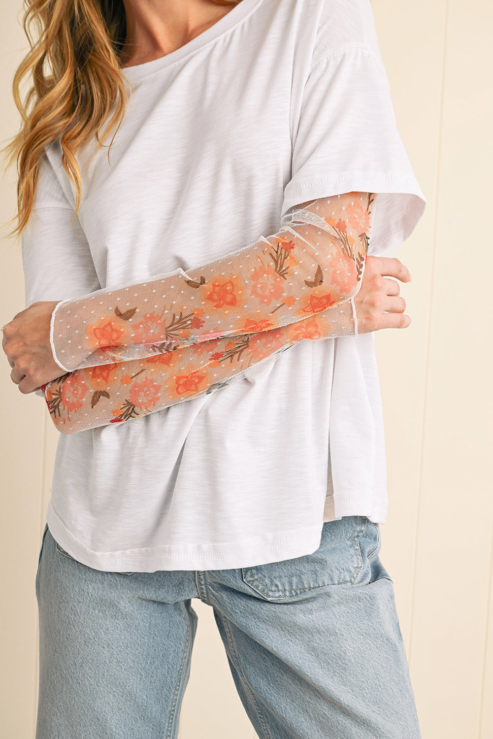 Black Floral Mesh Sleeve Fake Two-Piece Top