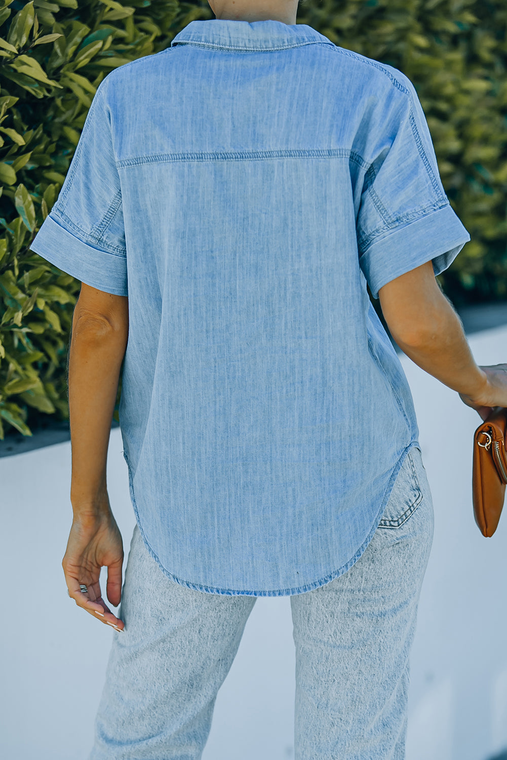 Blue Turn-down Collar Short Sleeve Denim Shirt