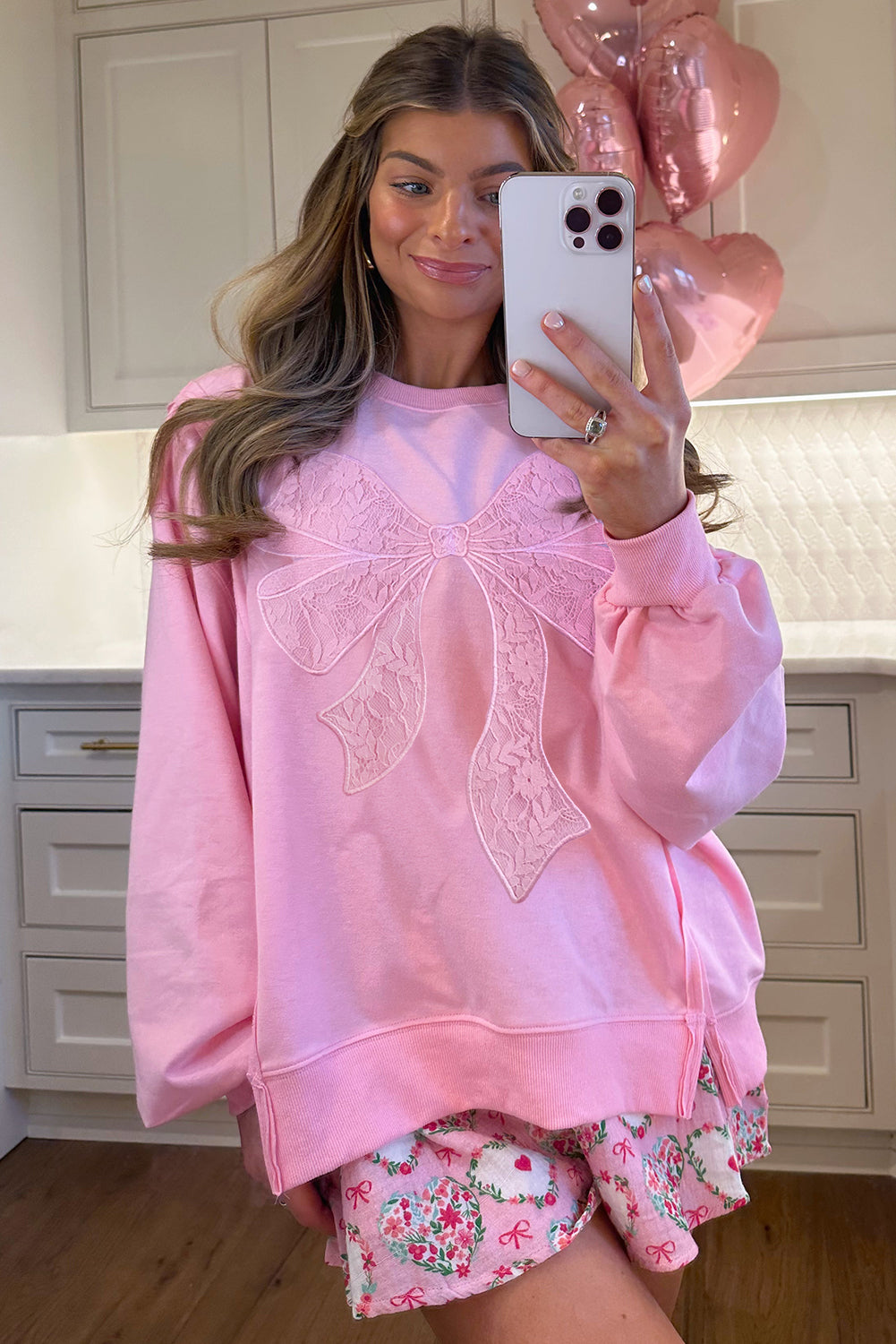 Bonbon Lace Bow Embroidered Exposed Seam Sweatshirt