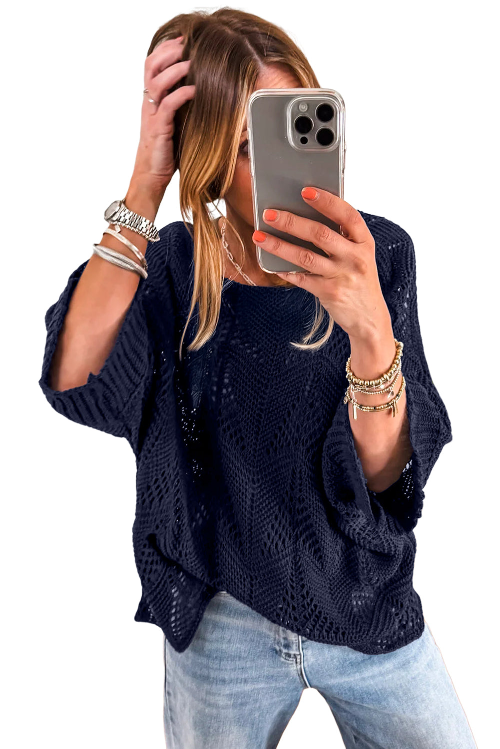 Navy Blue Hollow Out Knit 3/4 Sleeve Loose Sweater