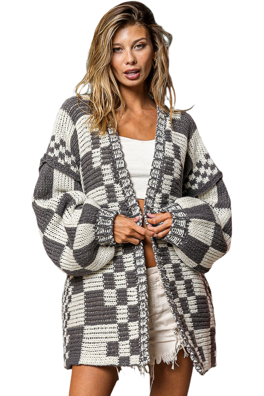 Multicolor Plaid Open Front Knitted Cardigan