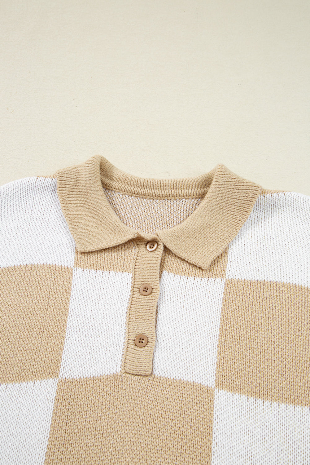 Grapefruit Orange Checkered V-Neck Collared Pullover Sweater