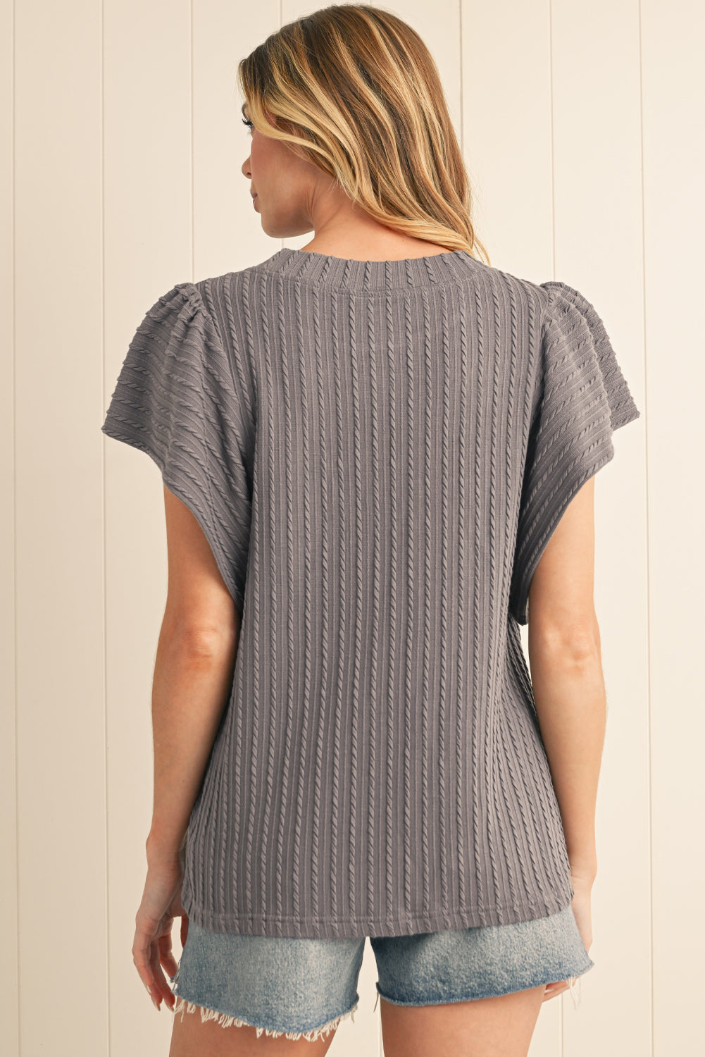 Beige Solid Color Textured Ruffle Short Sleeve Knit Top