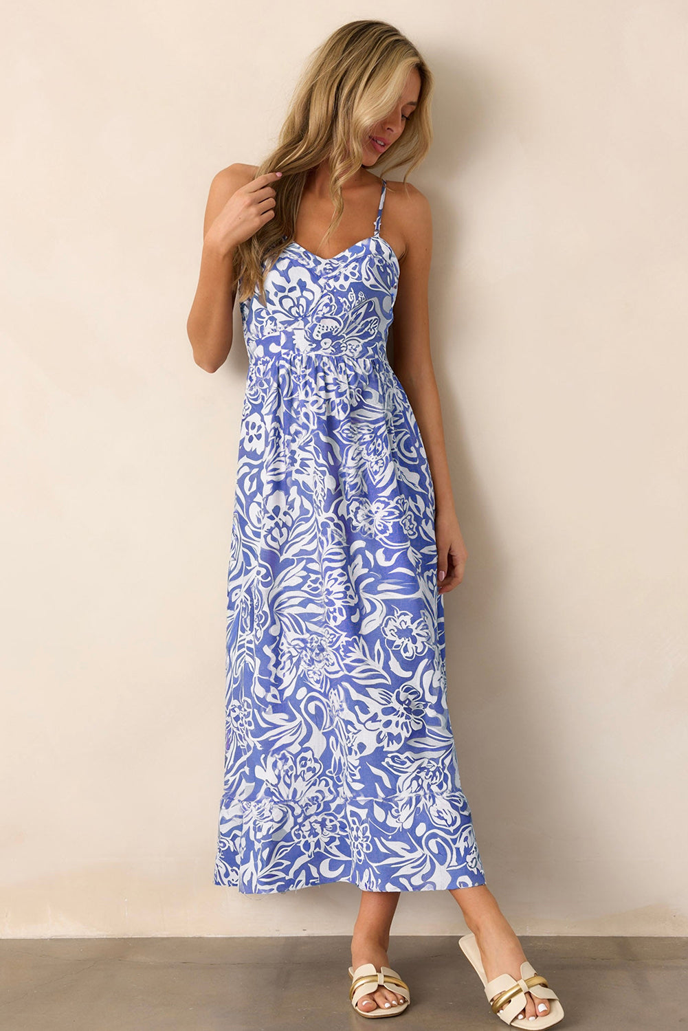Sky Blue Floral Print Spaghetti Strap High Waist Maxi Dress
