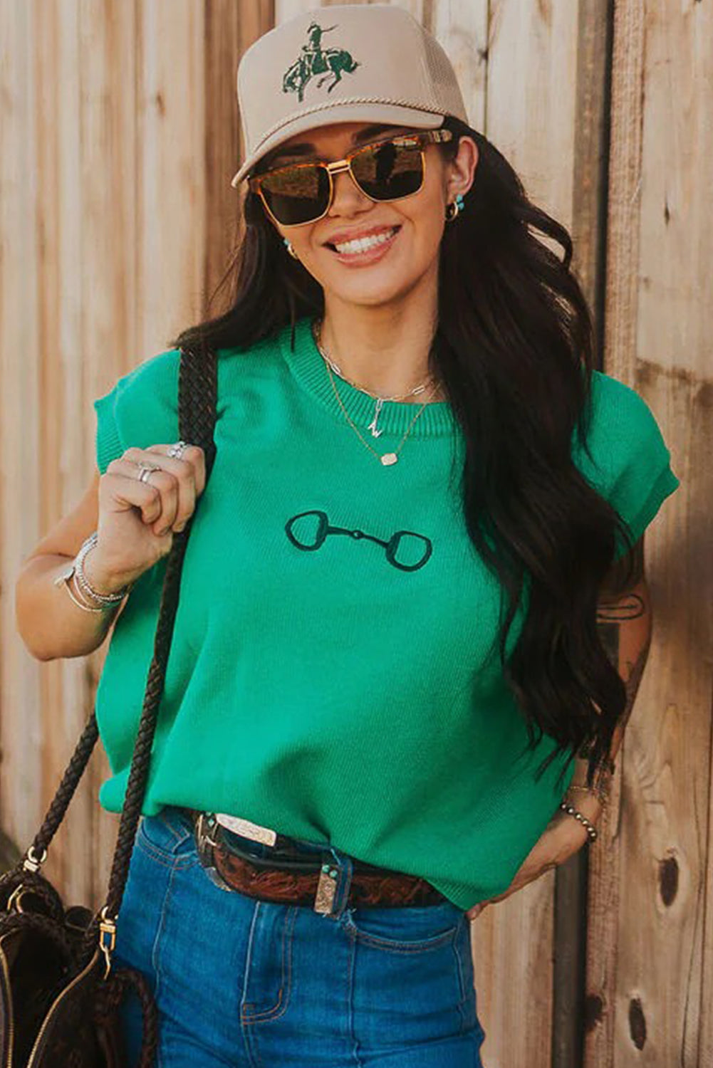 Bright Green Horse Bit Embroidered Short Sleeve Sweater