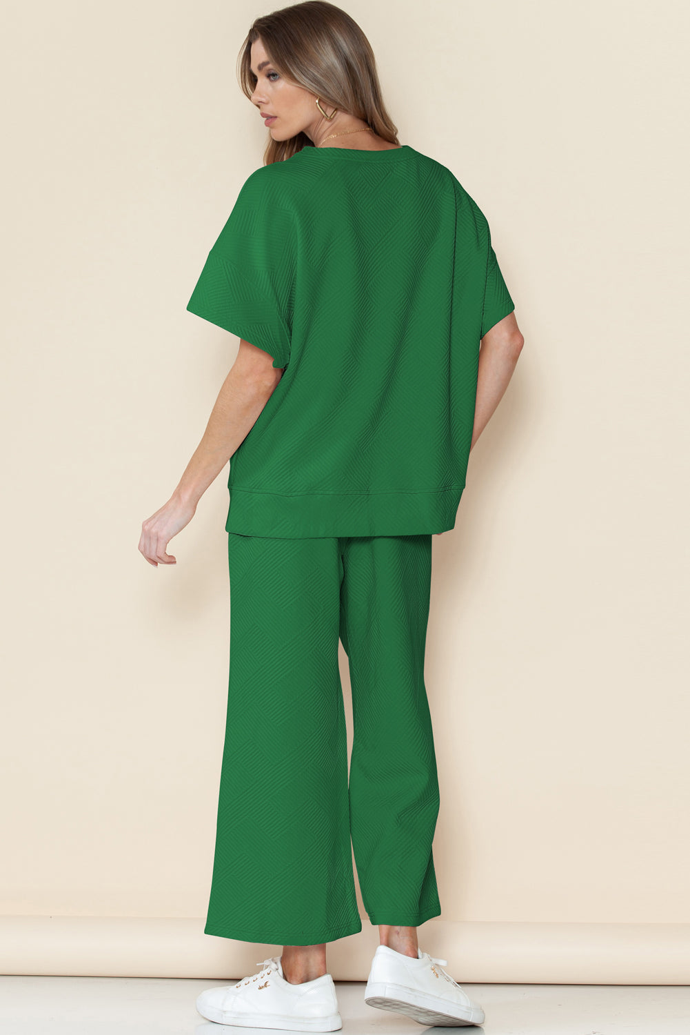 Ensemble t-shirt ample texturé vert foncé et pantalon à cordon de serrage