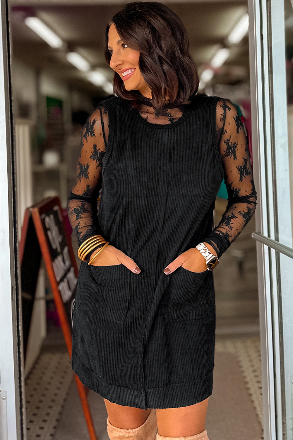 Beige Corduroy Exposed Seam Sleeveless Mini Dress