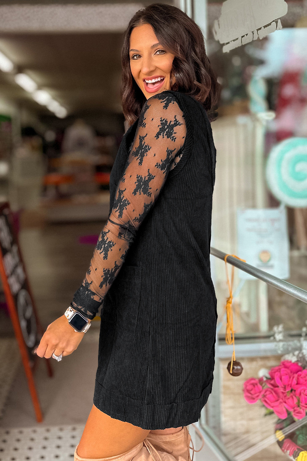 Beige Corduroy Exposed Seam Sleeveless Mini Dress