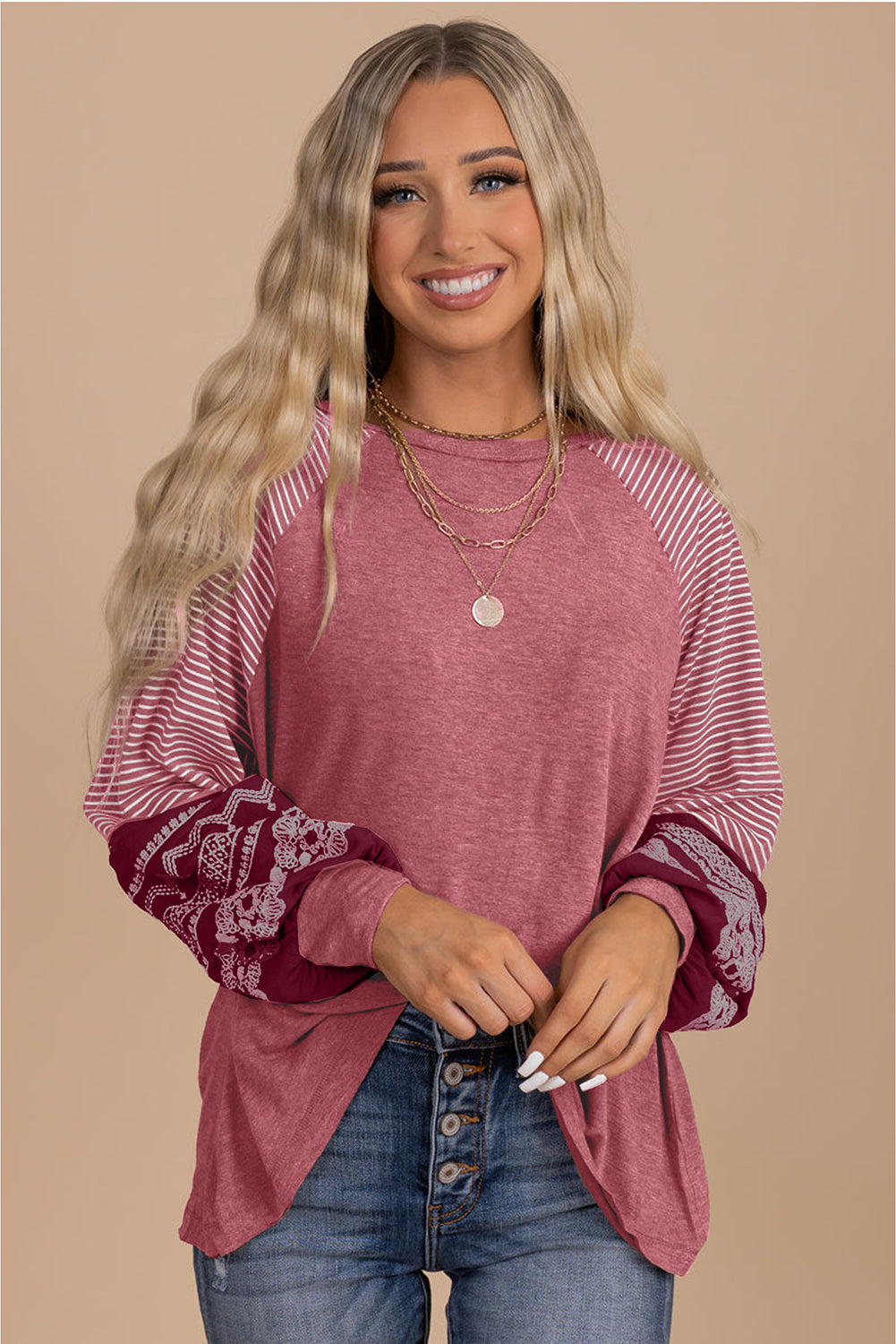 Medium Grey Contrast Print Striped Raglan Long Sleeve Loose Top