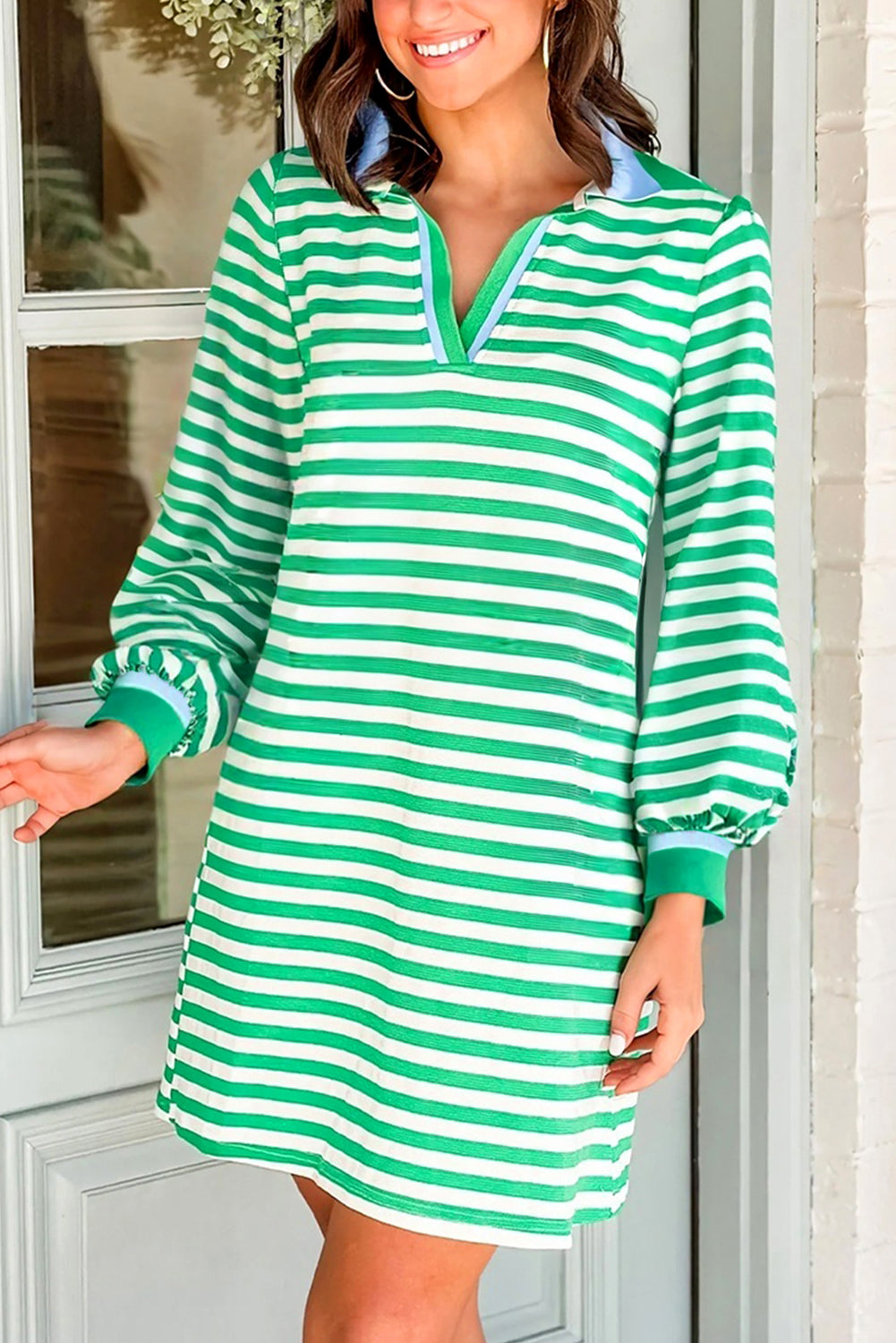 Green Pop of Color V Neck Striped Long Sleeve Mini Dress