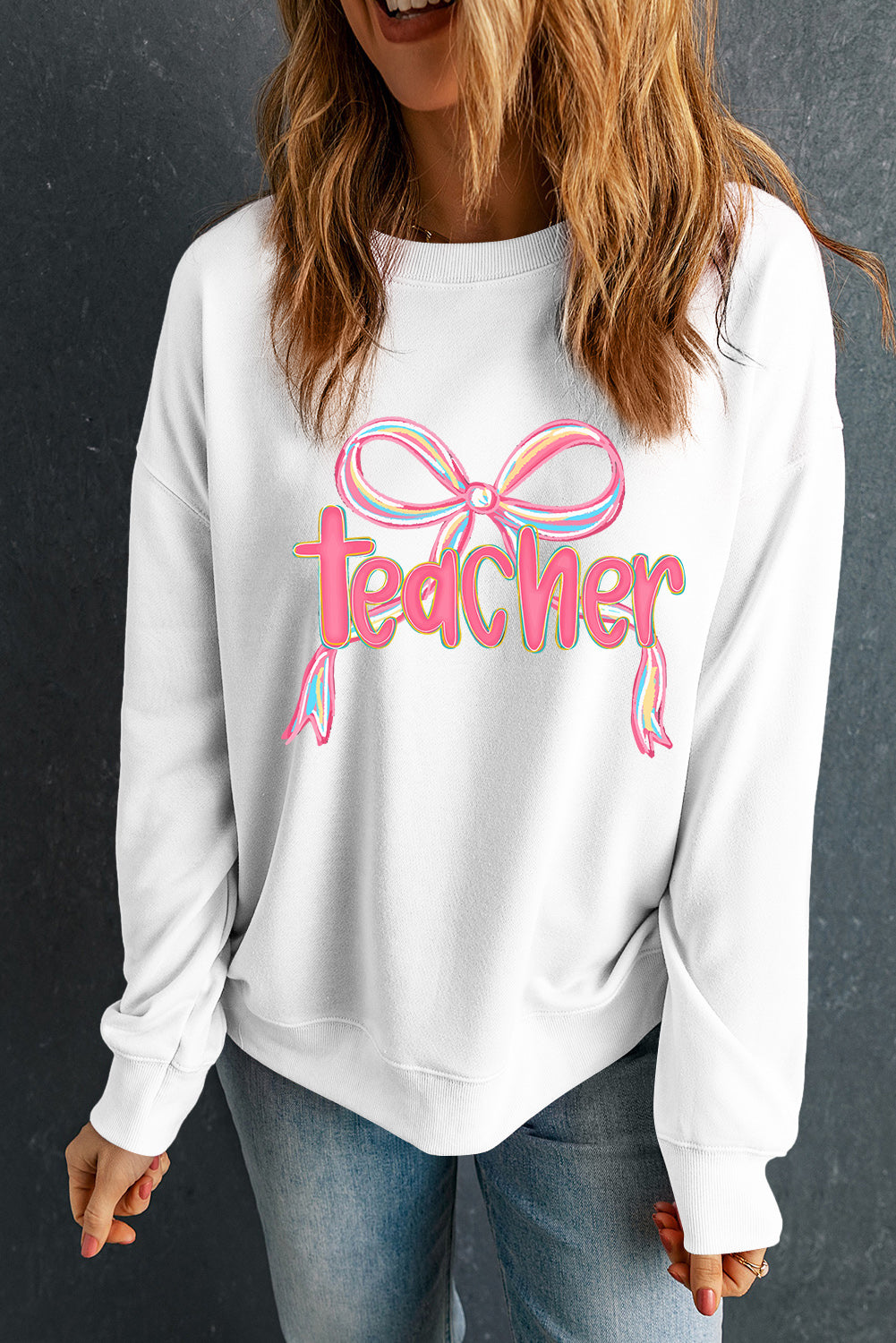 White teacher Bow Graphic Pullover Sweatshirt