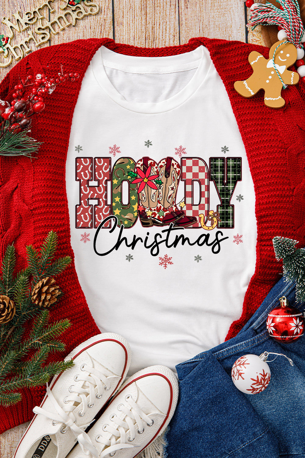White Western HOWDY Christmas Festive Letter Printed Crew Neck T Shirt