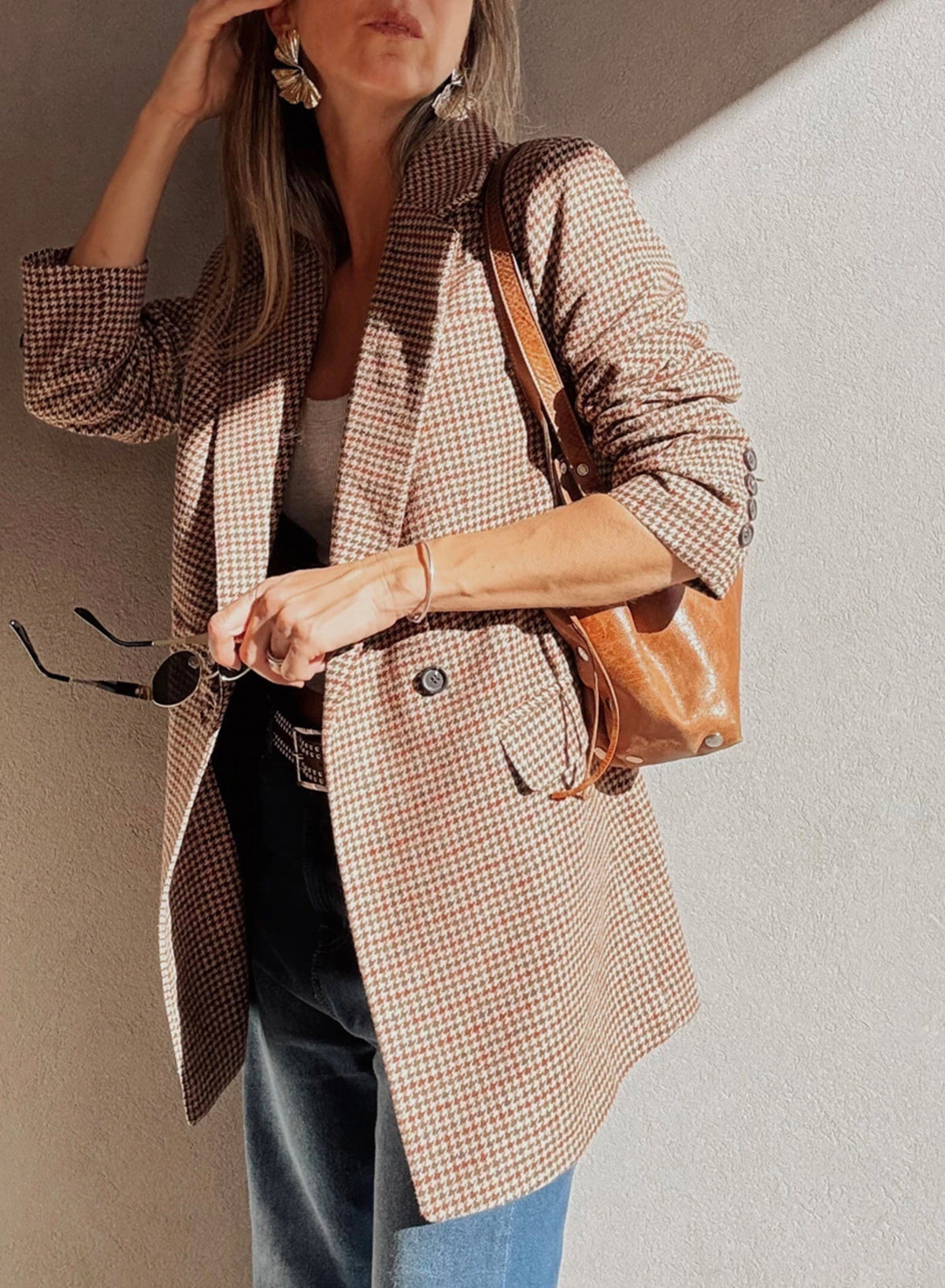 Brown Houndstooth Lapel Collar Blazer