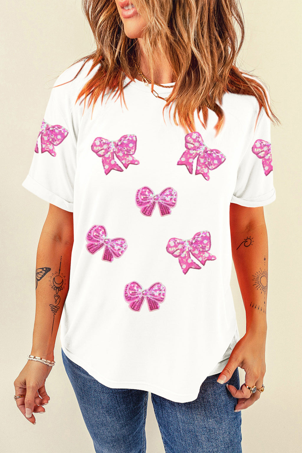 White Shimmering Bow Patched Pattern Valentine T Shirt