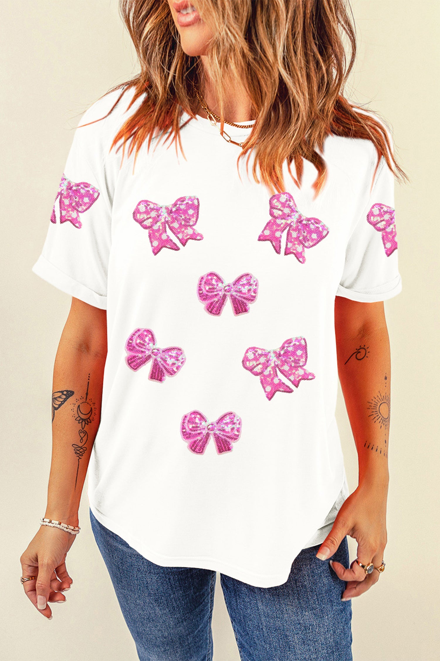 White Shimmering Bow Patched Pattern Valentine T Shirt