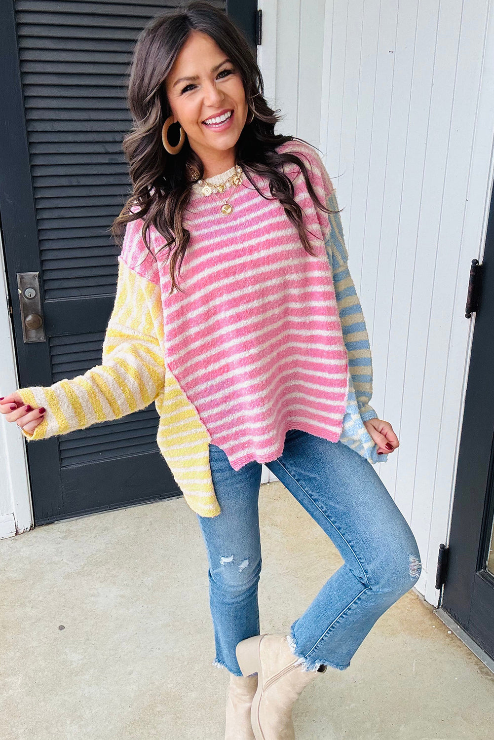 Multicolour Colorblock Striped Patchwork Dolman Sleeve Slit Sweater