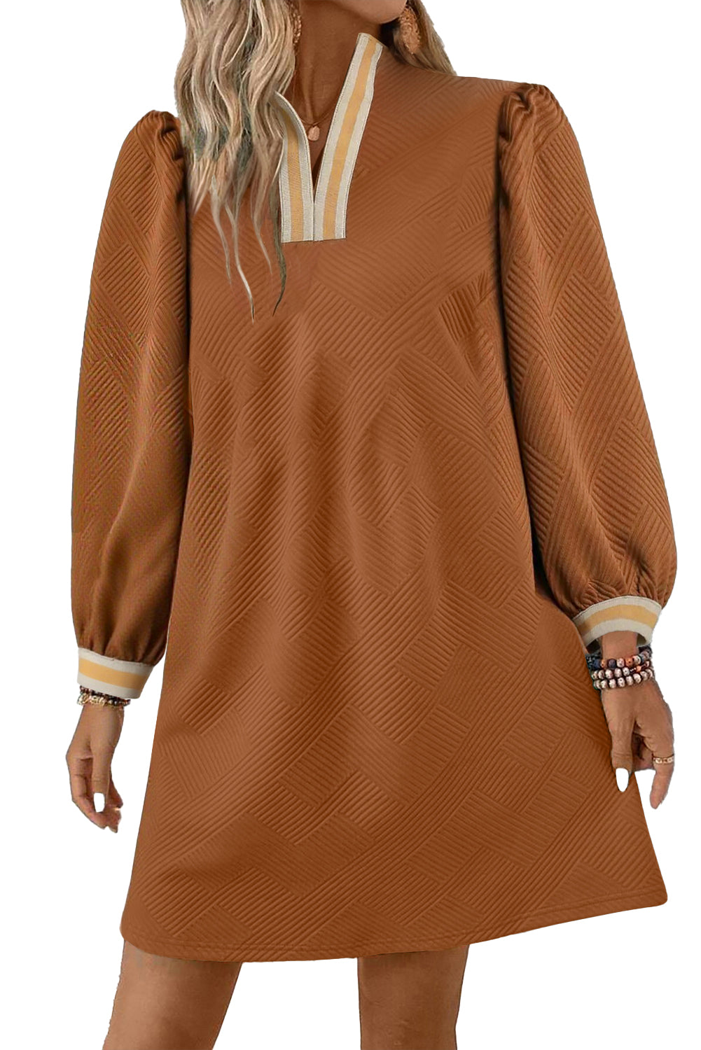 Chestnut Textured Contrast Striped Split Neck Long Sleeve Mini Dress