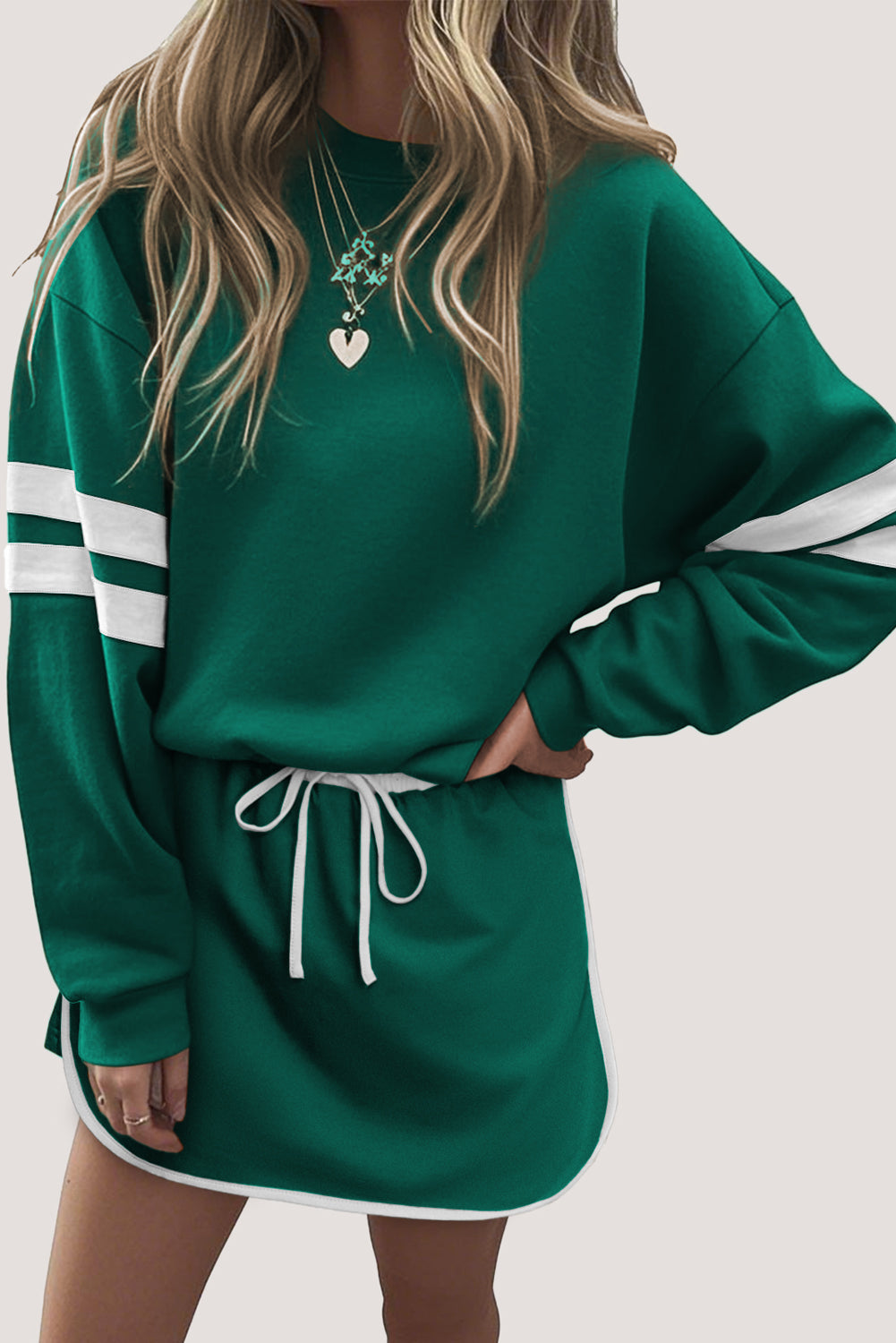 Evergreen Varsity Stripe Detail Drop Shoulder Pullover Mini Skort Set