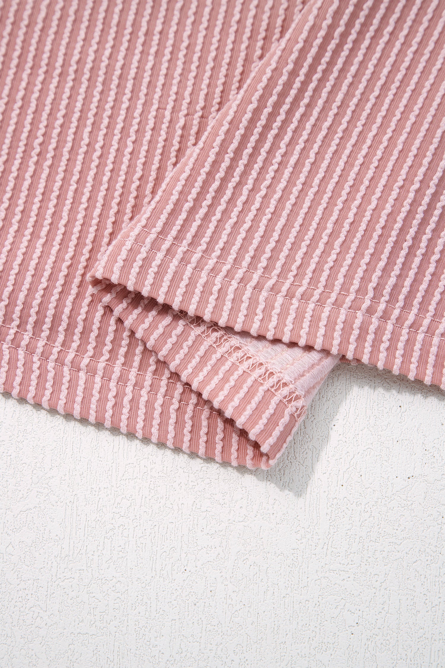 Fushia Plus Size Contrast Frilled Neckline Ruffled Short Sleeve Ribbed Textured Blouse