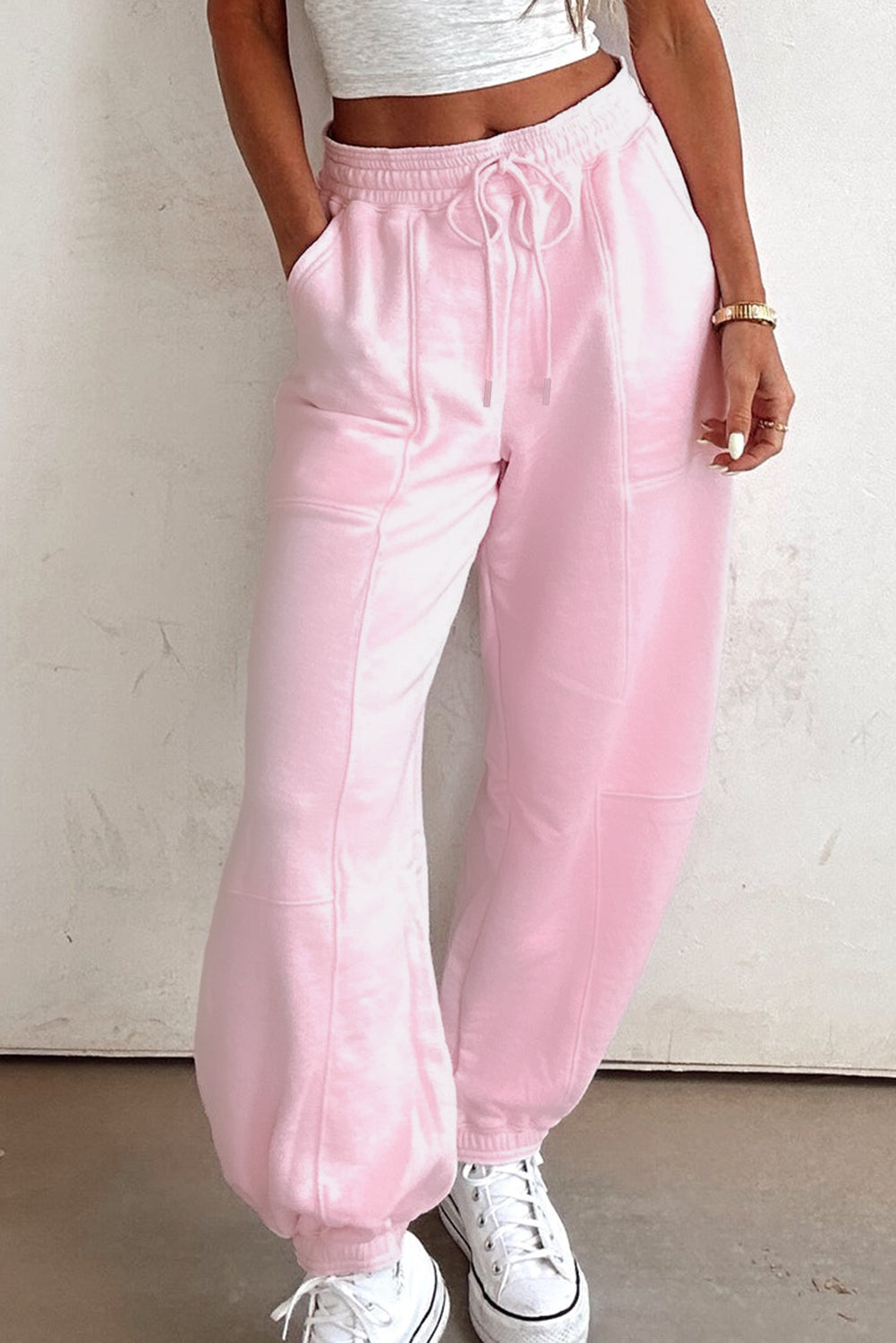 Lilac Tie Elastic Waist Solid Color Patchwork Jogger Pants