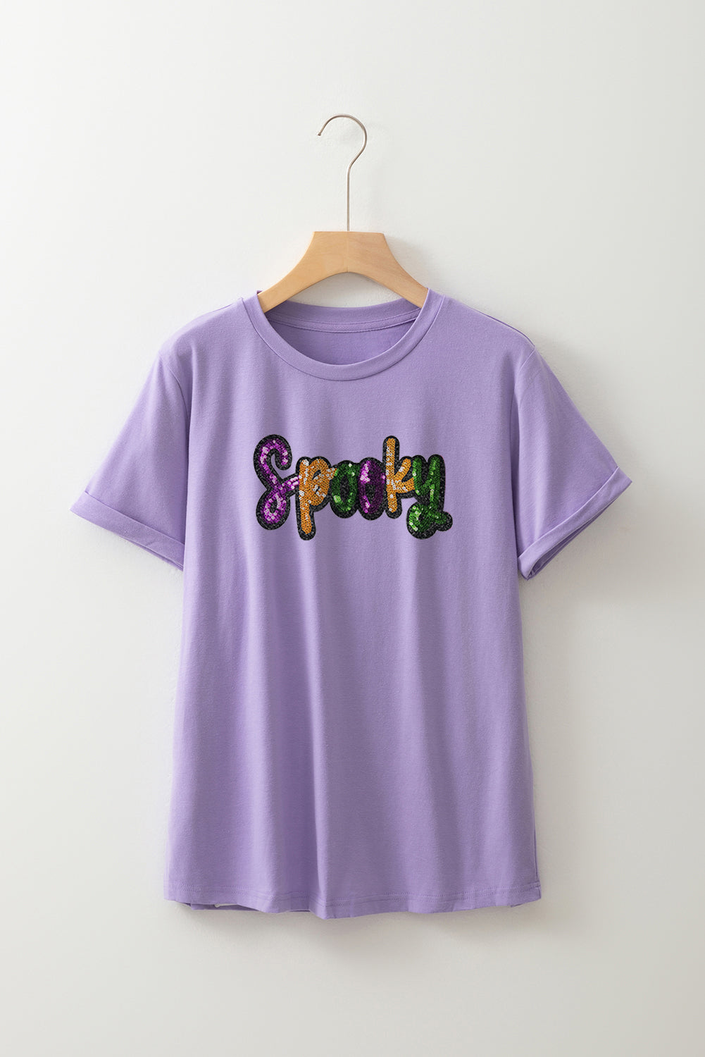 Wisteria Spooky Sequin Letter Patched Cotton Blend T Shirt