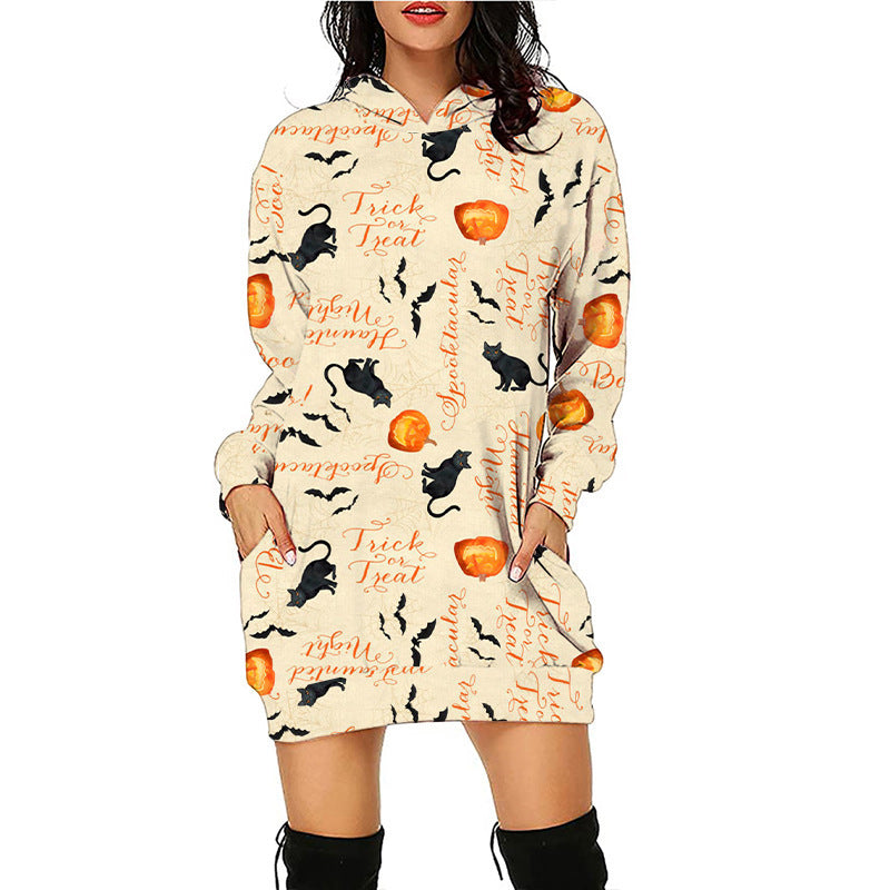 Women Halloween Pumpkin Print Hoodie Dress