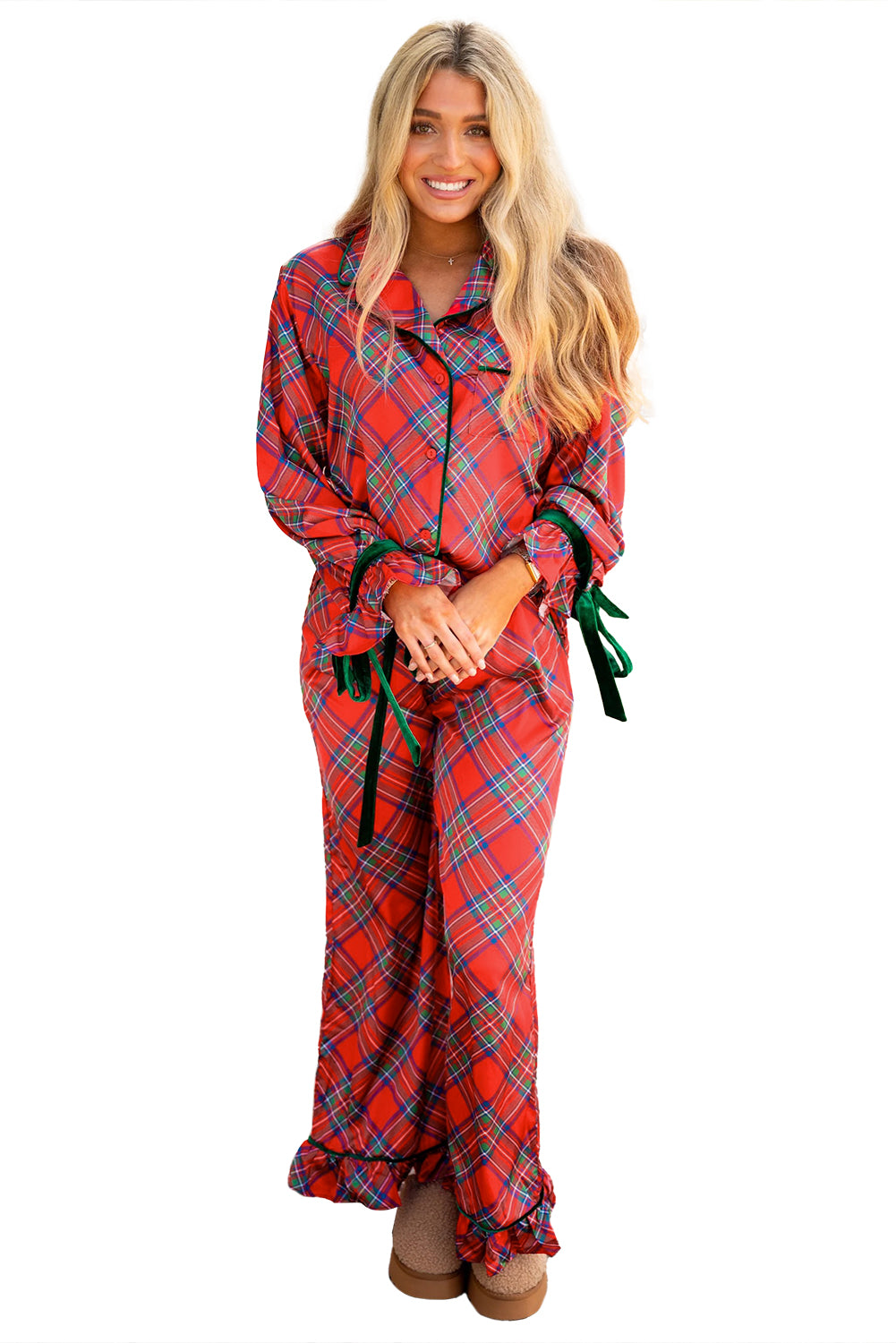 Fiery Red Christmas Plaid Satin Pajama Set