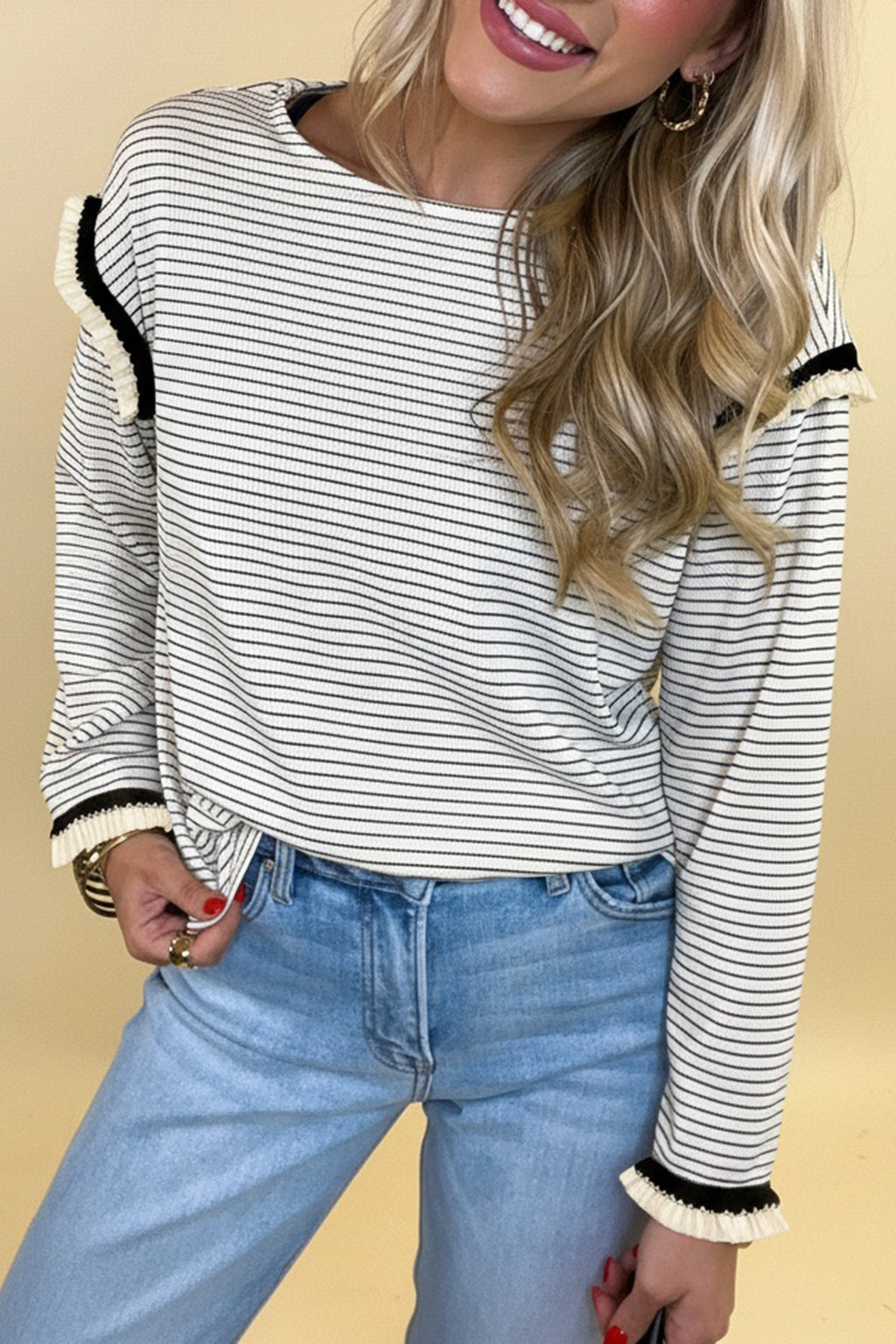 White Stripe Contrasted Ruffle Trim Loose Long Sleeve Top