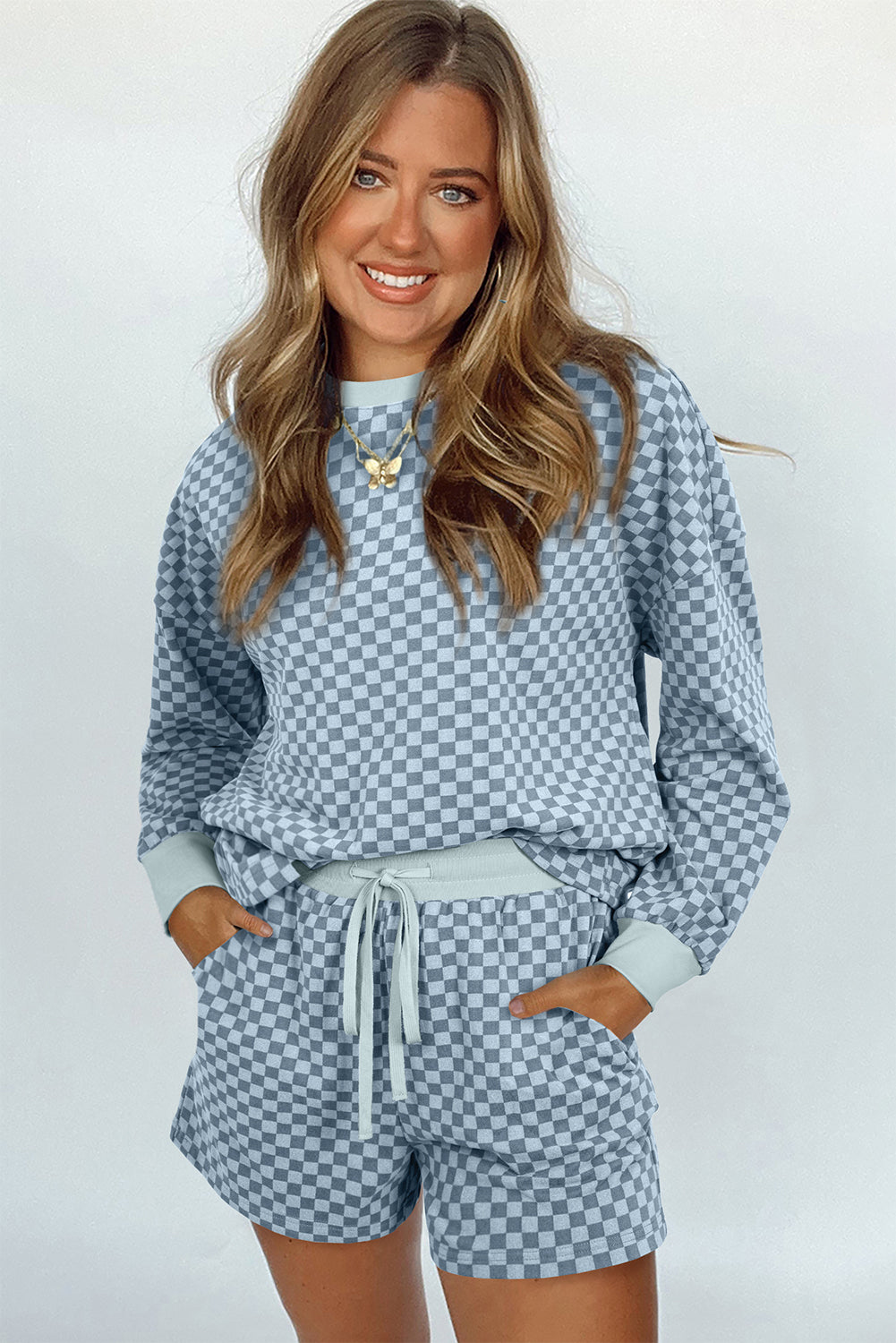 Sky Blue Checkerboard Contrast Trim Long Sleeve Pullover and Shorts Set