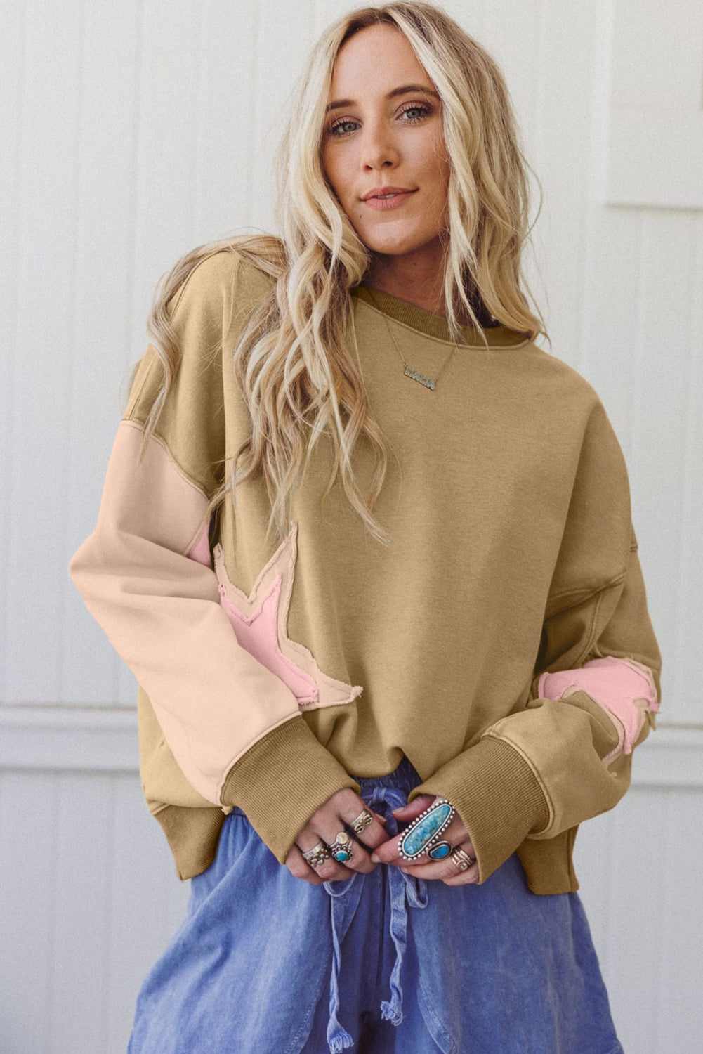 Sage Green Star Patchwork Exposed Seam Uneven Hem Sweatshirt